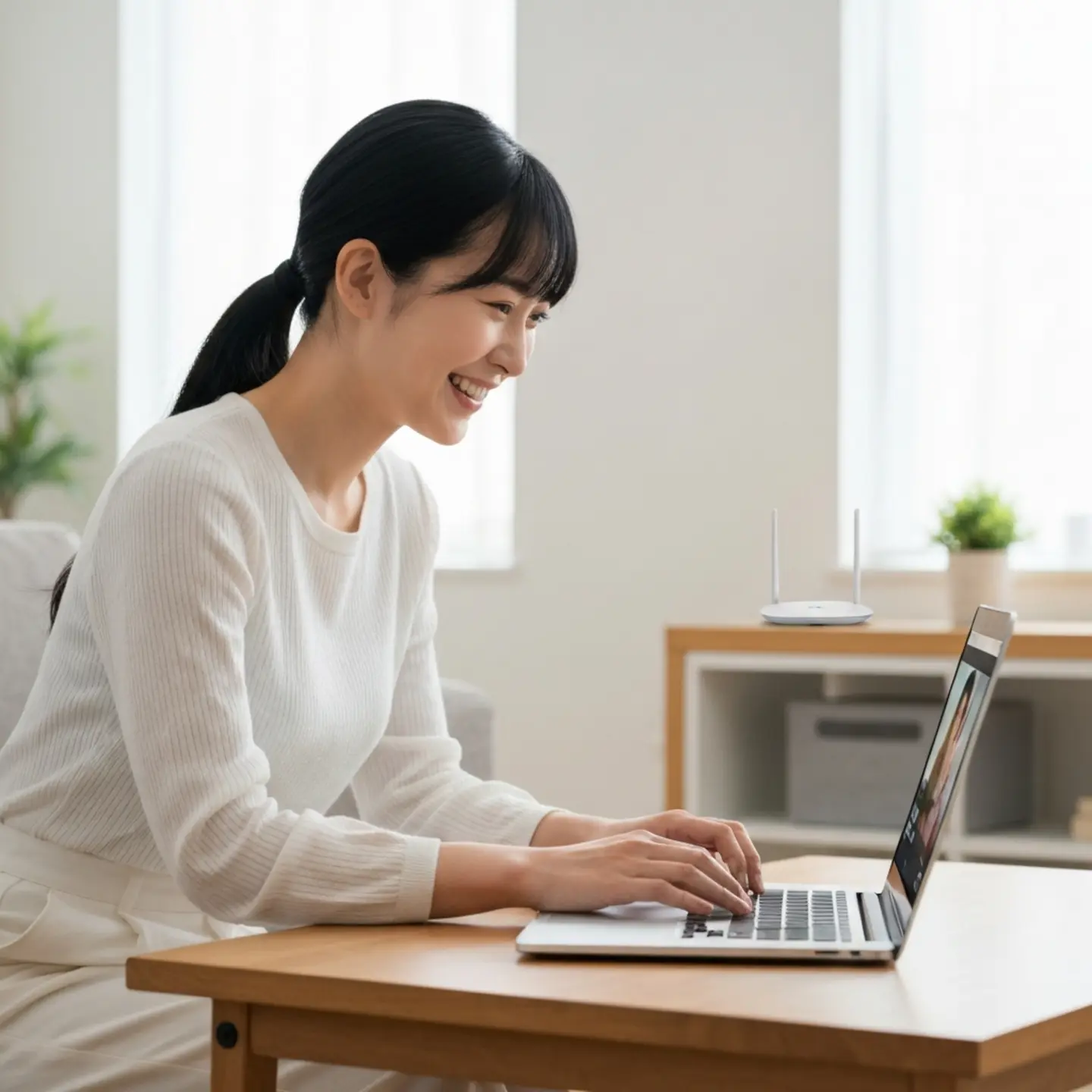 ASUS RT-AX86U 路由器放在現代居家書房，使用者開心使用電腦