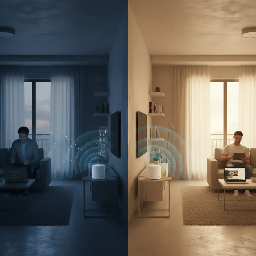 Mesh WiFi與訊號延伸器比較，左邊訊號差、右邊Mesh WiFi全室覆蓋對比圖