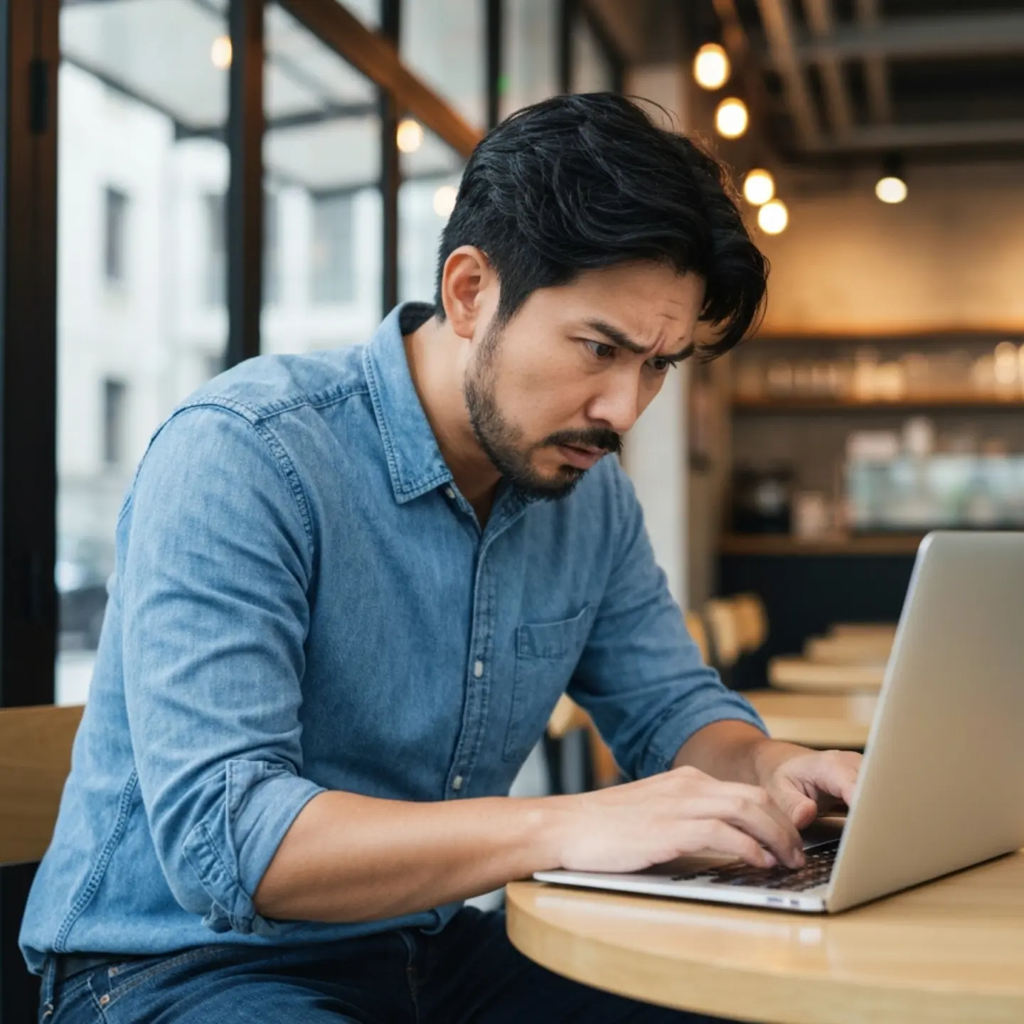 台灣男性在咖啡廳使用筆電遠端工作，表情困惑無奈，看著螢幕上的網路連線警示