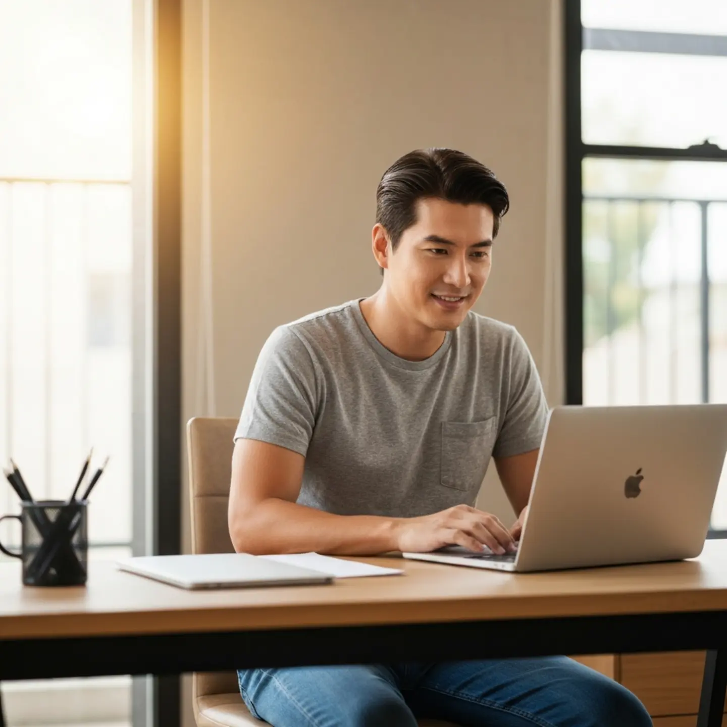 台灣男性在家中工作，使用筆電，表情輕鬆滿意，現代居家辦公環境