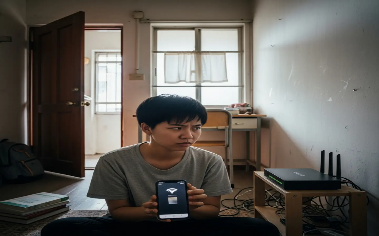 租屋族在小套房內煩惱WiFi訊號不好的情境