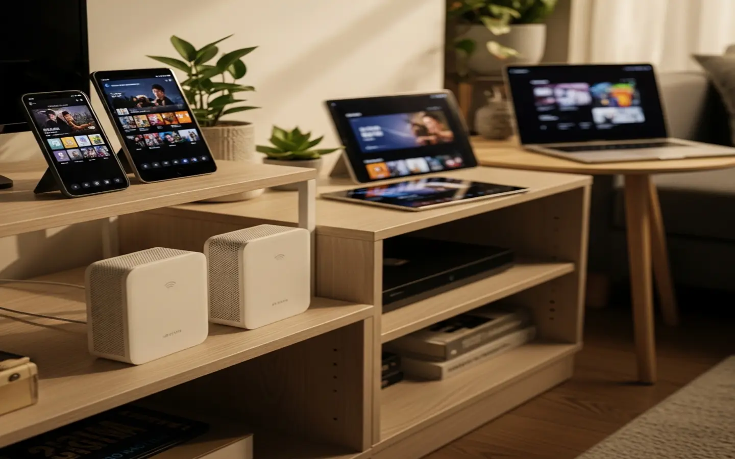現代租屋套房內放置小型Mesh WiFi節點，多台設備穩定連線的情境