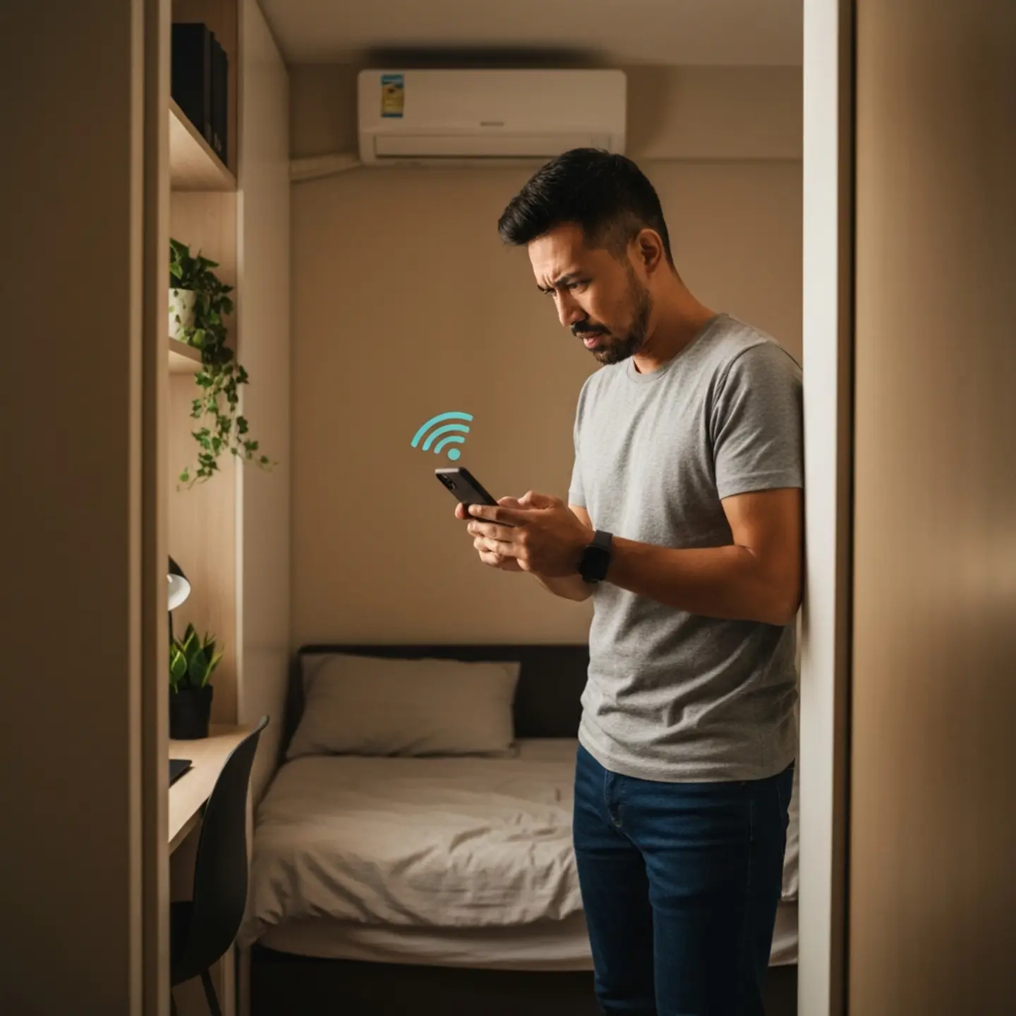 台灣男性在小坪數公寓臥室拿著手機，WiFi 訊號不佳，表情困惑無奈