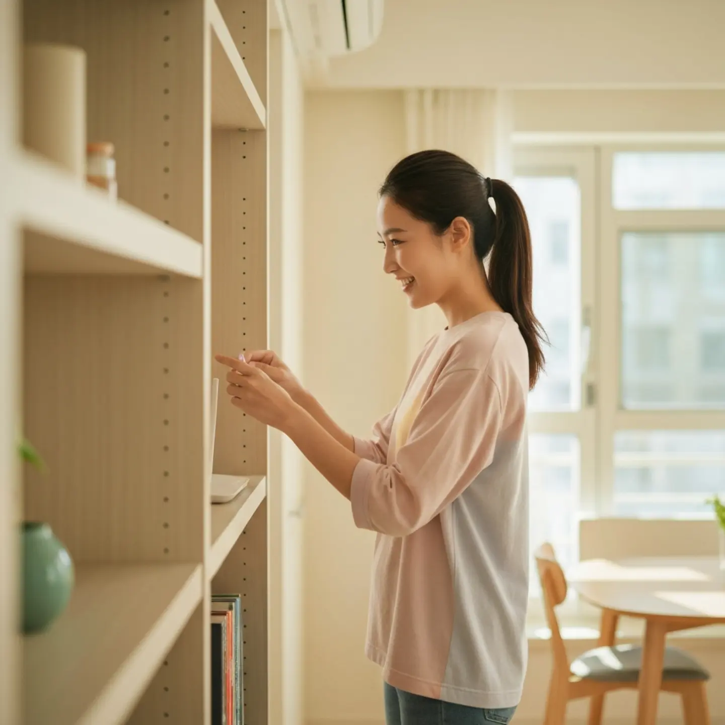 台灣女性在小坪數公寓書架上設置路由器，表情輕鬆滿意，溫暖自然光線