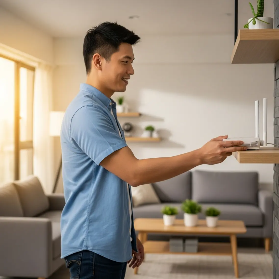 台灣男性在家中客廳愉快設定路由器，現代住宅空間