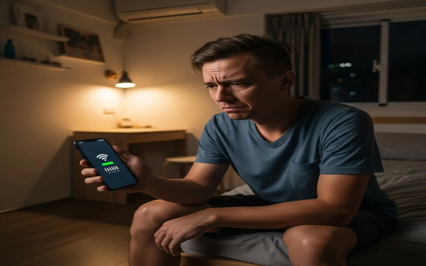 台灣現代公寓客廳中，一名男性手持手機看著網路訊號不穩的畫面，表情無奈