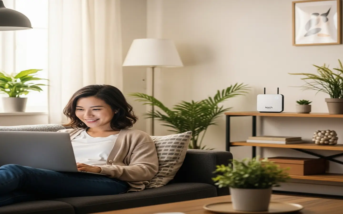 台灣現代公寓客廳中，一名女性輕鬆使用平板電腦，背景展示 Mesh WiFi 節點，表情滿意放鬆