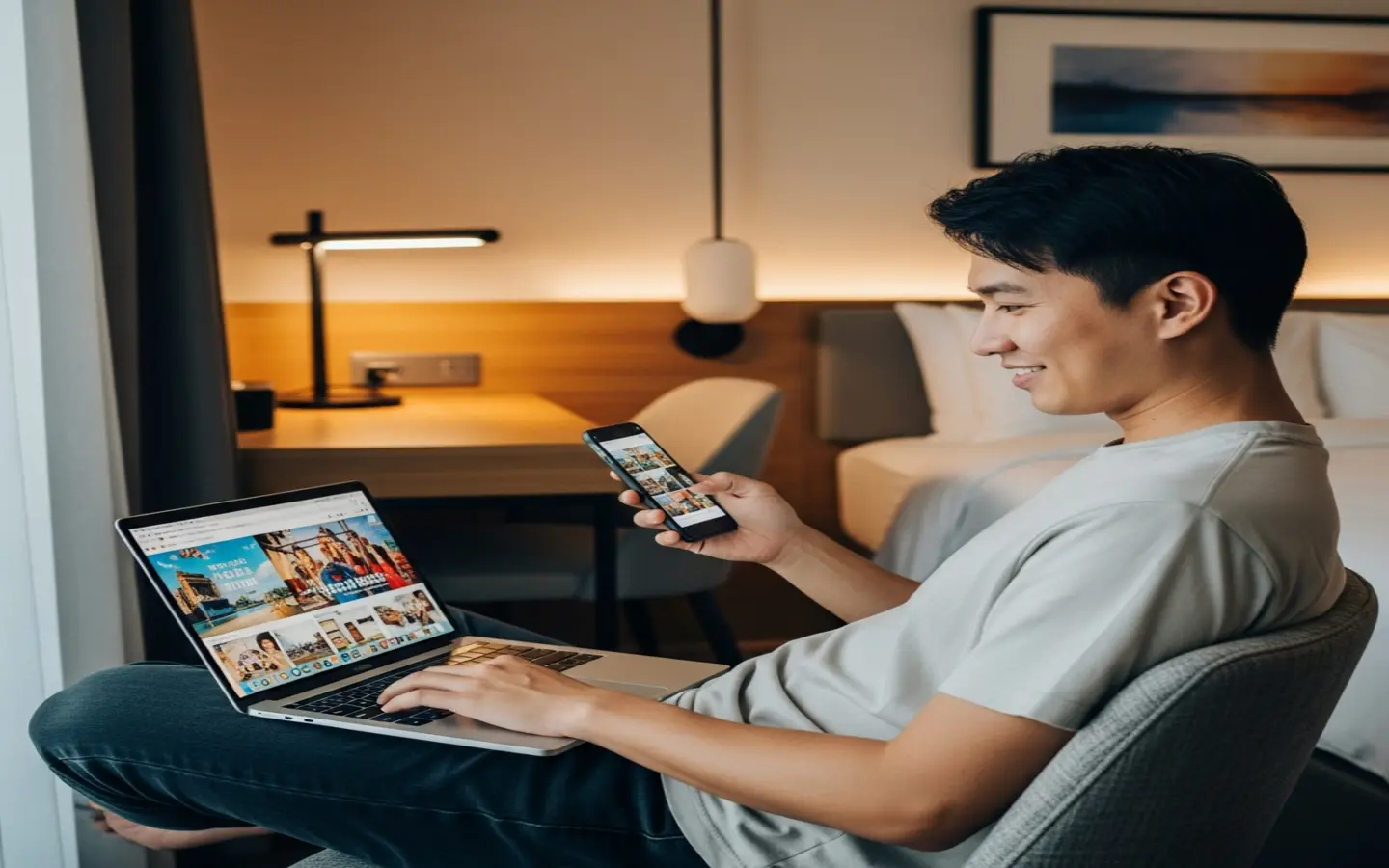 旅客在飯店房間使用手機和筆電，連接 VPN 安全上網