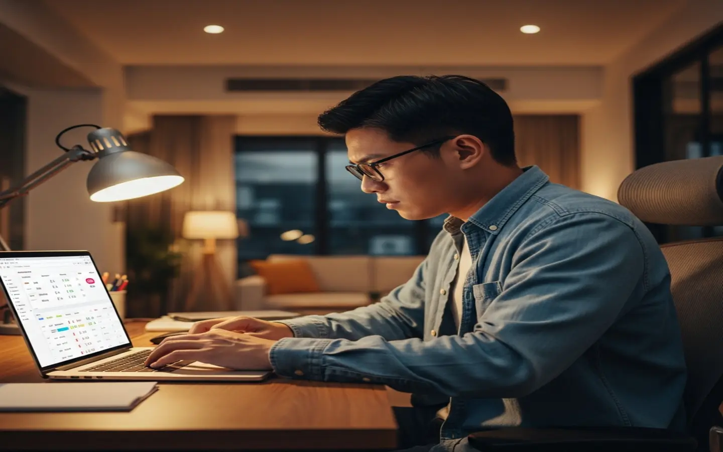 台灣書房中一名專注的男性坐在電腦前，使用 VPN 連線，螢幕顯示速度測試數據，表情自信專注