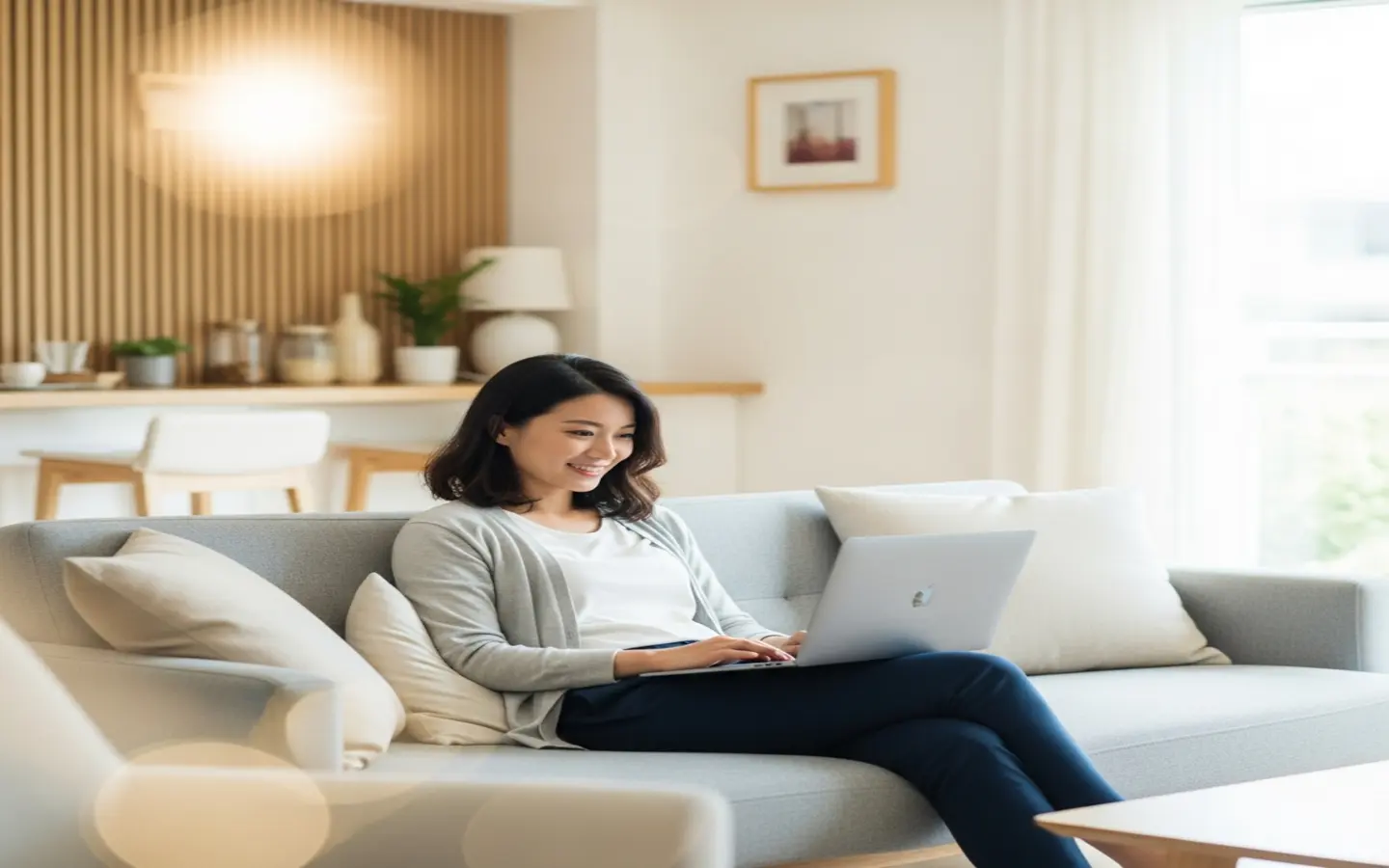 台灣現代客廳中，一名年輕女性輕鬆坐在沙發上使用筆電，背景簡潔明亮，表情悠閒滿意