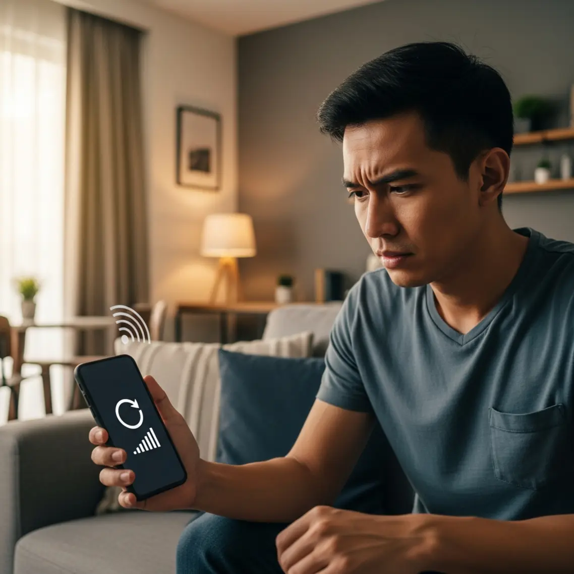 台灣男性坐在客廳沙發上，手持手機看著 WiFi 訊號顯示不佳，表情困惑
