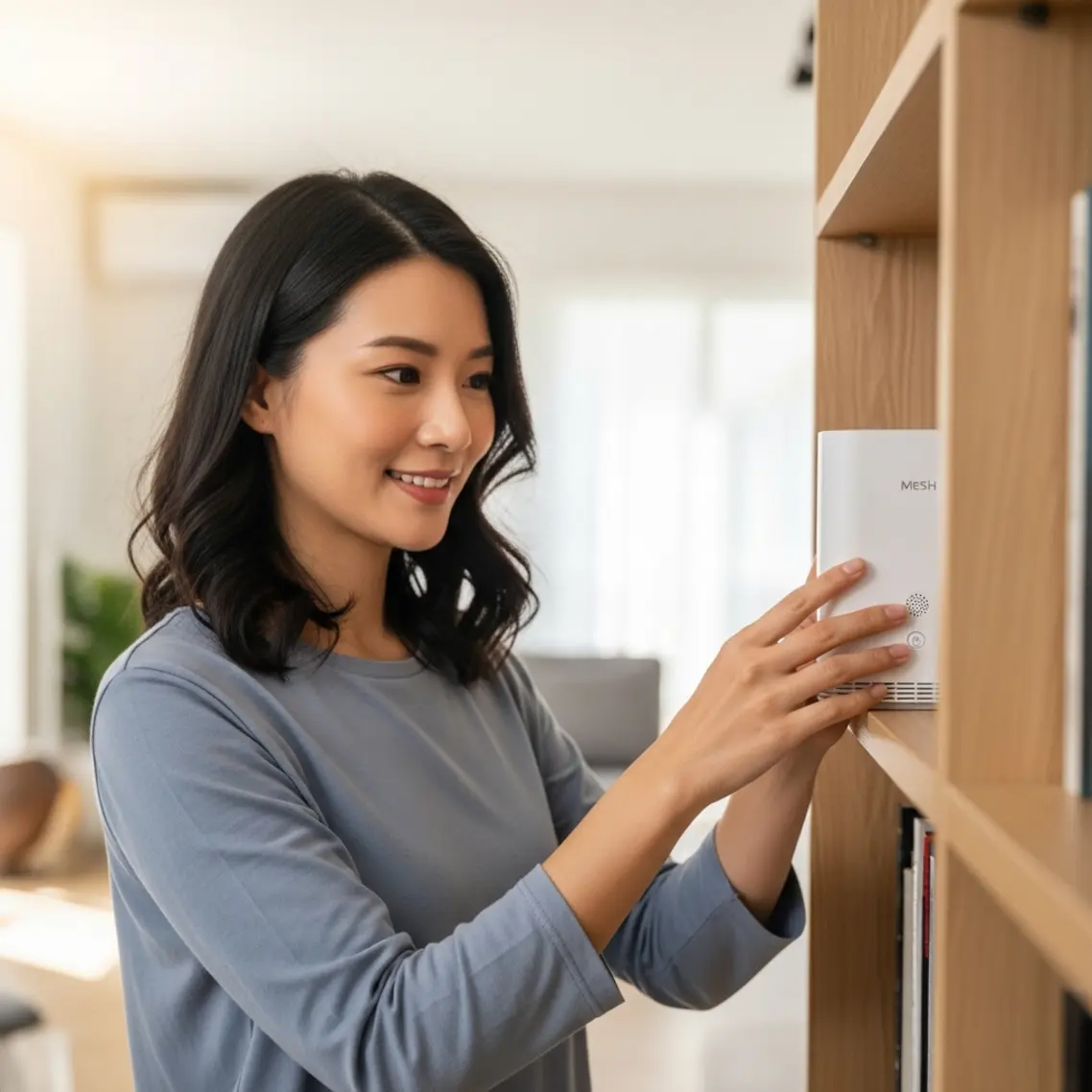 台灣女性在現代客廳中拿著 Mesh WiFi 節點準備安裝，表情輕鬆愉快