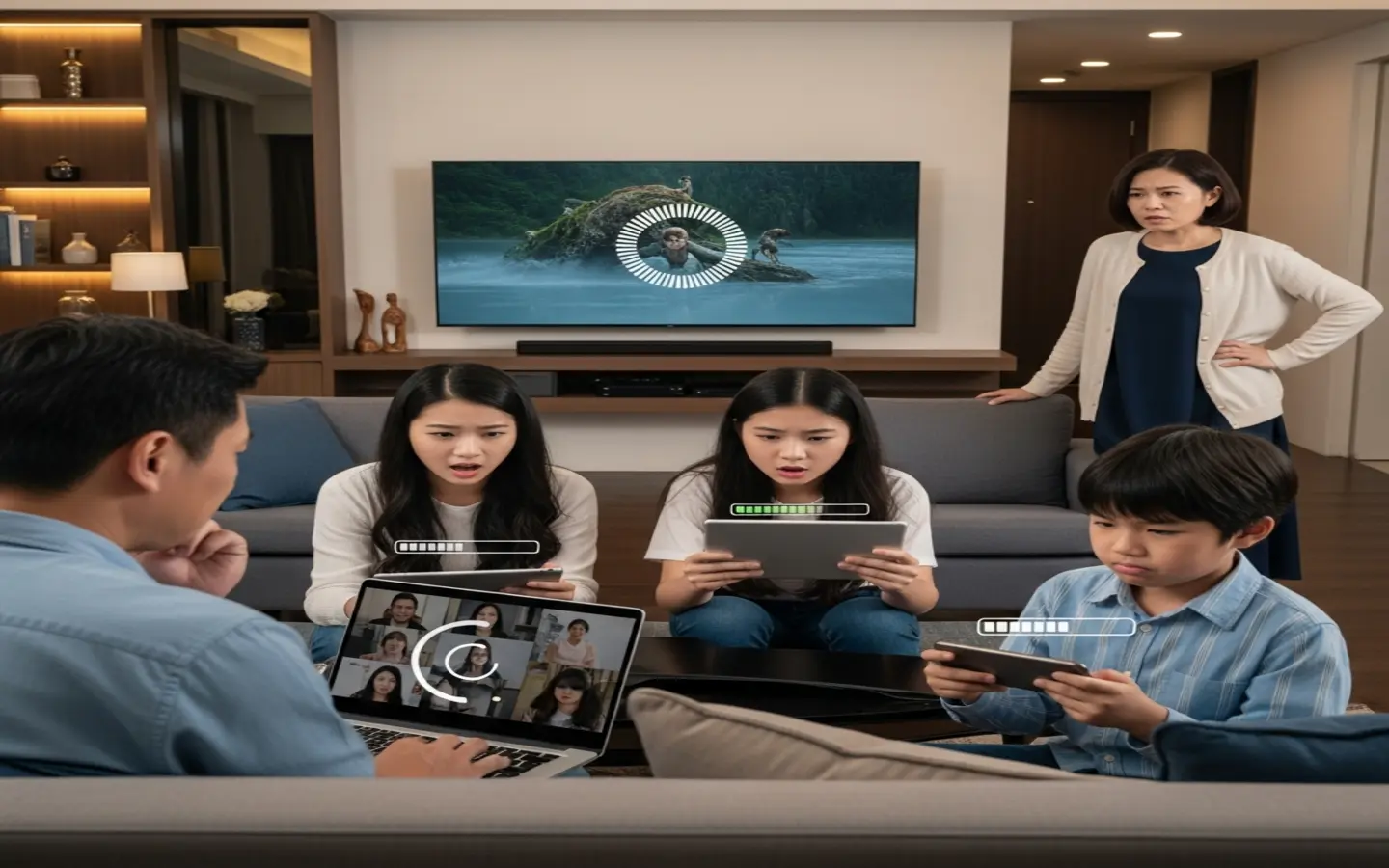 家中多人同時使用不同裝置上網，網路速度變慢造成困擾的情境