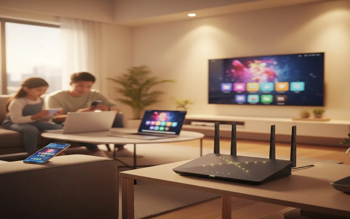 現代WiFi 6路由器放在台灣客廳，手機筆電平板等多台設備同時順暢連線的情境